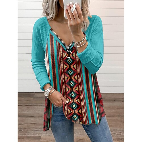 Women's T shirt Tee Blue Geometric Quarter Zip Print Long Sleeve Daily Weekend Basic Ethnic V Neck Regular Geometric Painting S
Women's T shirt Tee Blue Geometric Quarter Zip Print Long Sleeve Daily Weekend Basic Ethnic V Neck Regular Geometric Painting S
