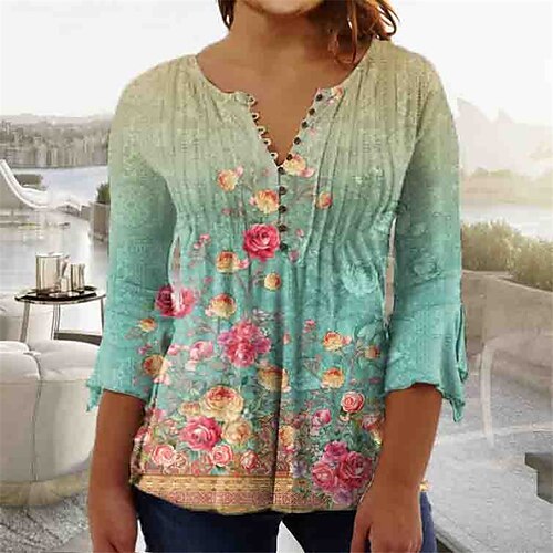 Women's Plus Size Tops Blouse Shirt Floral Button Print 3/4 Length Sleeve V Neck Casual Daily Vacation Cotton Spandex Jersey Winter Fall Green Blue
Women's Plus Size Tops Blouse Shirt Floral Button Print 3/4 Length Sleeve V Neck Casual Daily Vacation Cotton Spandex Jersey Winter Fall Green Blue