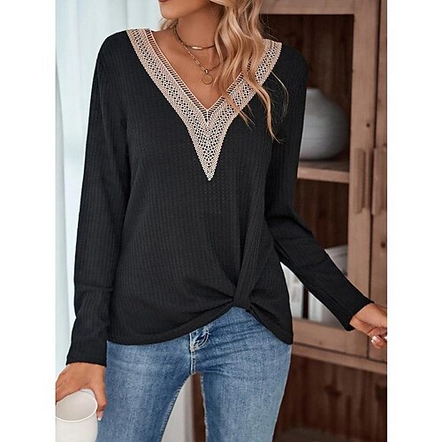 Women's T shirt Tee Black Plain Lace Patchwork Long Sleeve Daily Weekend Basic V Neck Regular Cotton S
Women's T shirt Tee Black Plain Lace Patchwork Long Sleeve Daily Weekend Basic V Neck Regular Cotton S