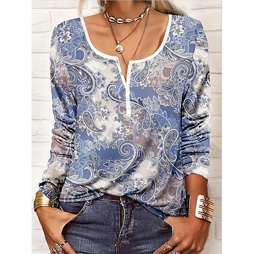 Women's T shirt Tee Blue Floral Patchwork Print Long Sleeve Casual Daily Ethnic Round Neck Regular S
Women's T shirt Tee Blue Floral Patchwork Print Long Sleeve Casual Daily Ethnic Round Neck Regular S
