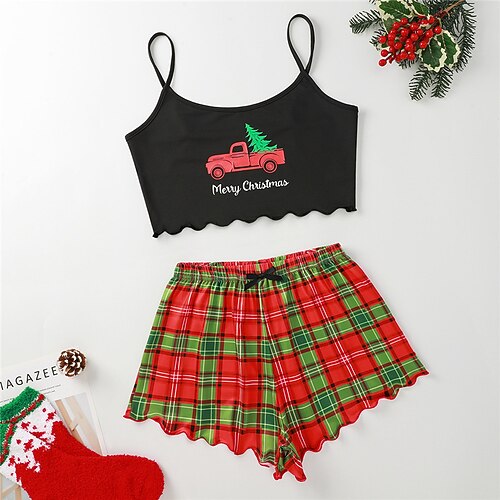 Women's ChristmasPjs Pajamas Sets 2 Pieces Letter Grid / Plaid Fashion Comfort Soft Home Carnival Gift Straps Sleeveless Strap Top Shorts Spring Summer Red 
Women's ChristmasPjs Pajamas Sets 2 Pieces Letter Grid / Plaid Fashion Comfort Soft Home Carnival Gift Straps Sleeveless Strap Top Shorts Spring Summer Red