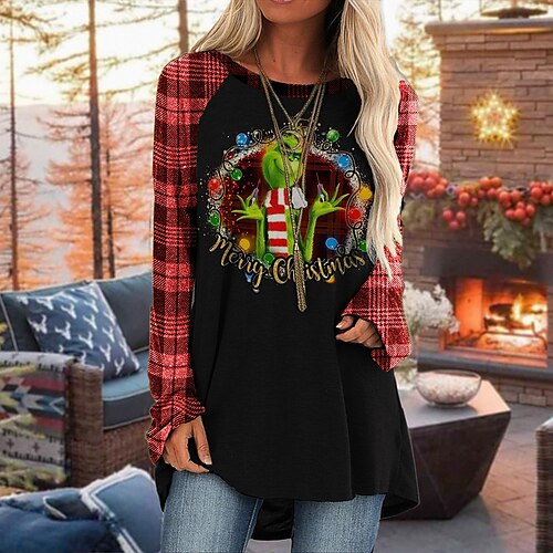 Women's T shirt Tee Black Dark Gray Red Graphic Plaid Print Long Sleeve Christmas Weekend Basic Round Neck Long Painting S
Women's T shirt Tee Black Dark Gray Red Graphic Plaid Print Long Sleeve Christmas Weekend Basic Round Neck Long Painting S