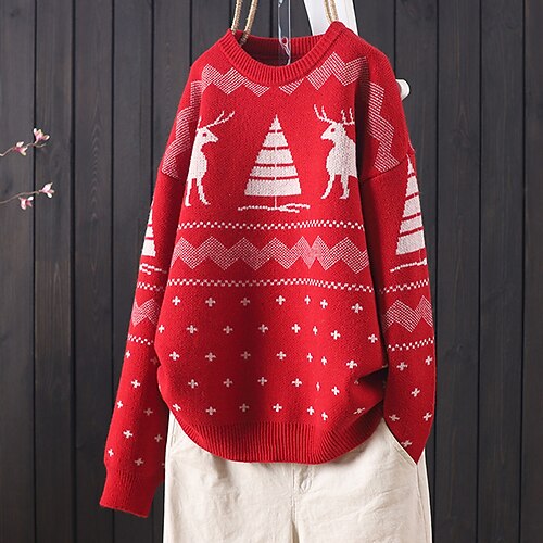 

Women's Ugly Christmas Sweater Pullover Sweater Jumper Ribbed Knit Knitted Elk Crew Neck Stylish Casual Outdoor Christmas Winter Fall Red Navy Blue One-Size / Long Sleeve / Weekend / Holiday