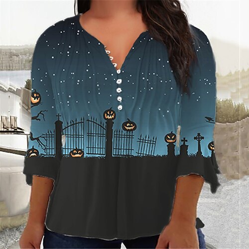 Women's Plus Size Tops Blouse Shirt Pumpkin Button Print 3/4 Length Sleeve V Neck Casual Halloween Halloween Vacation Cotton Spandex Jersey Fall Winter Blue
Women's Plus Size Tops Blouse Shirt Pumpkin Button Print 3/4 Length Sleeve V Neck Casual Halloween Halloween Vacation Cotton Spandex Jersey Fall Winter Blue