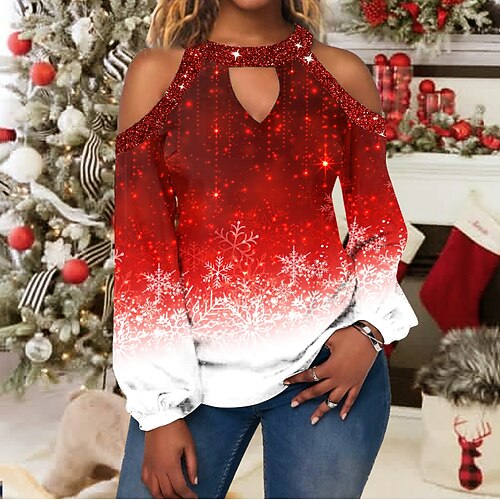 Women's Shirt Grass Green Green Black Snowflake Cut Out Print Long Sleeve Christmas Streetwear Casual Round Neck Regular S
Women's Shirt Grass Green Green Black Snowflake Cut Out Print Long Sleeve Christmas Streetwear Casual Round Neck Regular S