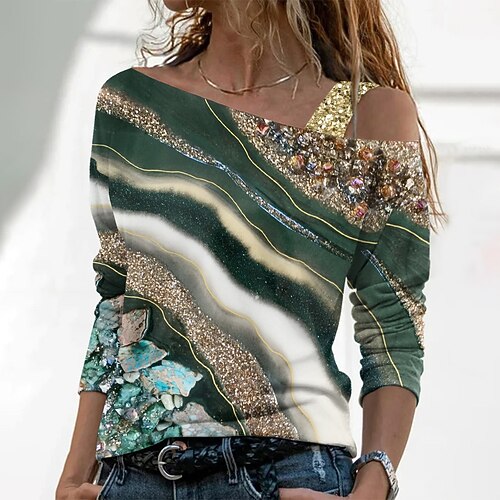 Women's T shirt Tee Green Purple Brown Graphic Print Long Sleeve Holiday Weekend Basic Off Shoulder Regular Abstract Painting S
Women's T shirt Tee Green Purple Brown Graphic Print Long Sleeve Holiday Weekend Basic Off Shoulder Regular Abstract Painting S