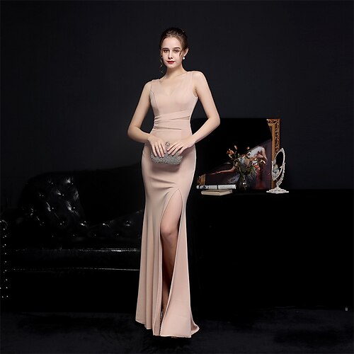 Mermaid / Trumpet Prom Dresses Elegant Dress Formal Floor Length Sleeveless V Neck Polyester with Slit 2022
Mermaid / Trumpet Prom Dresses Elegant Dress Formal Floor Length Sleeveless V Neck Polyester with Slit 2022
