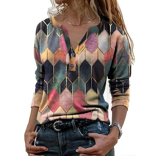 

Women's T shirt Tee Color Block Geometic Modern V Neck Standard Spring Yellow Pink Blue