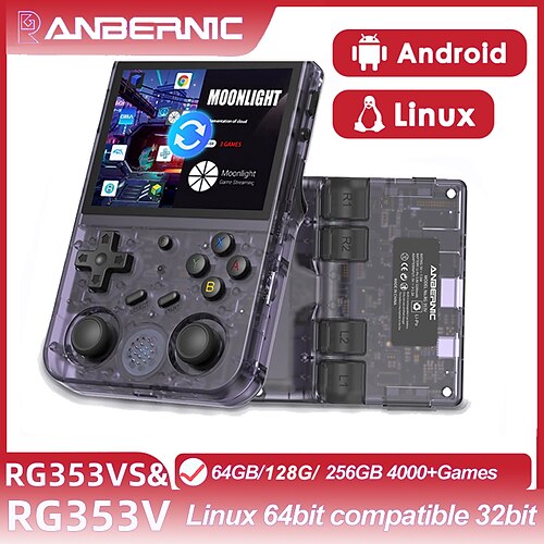 

RG353V Handheld Retro Game Console Support Dual OS Android 11 Linux 5G WiFi 4.2 Bluetooth RK3566 64BIT 64G TF Card 4450 Classic Games 3.5 Inch IPS Screen 3500mAh Battery