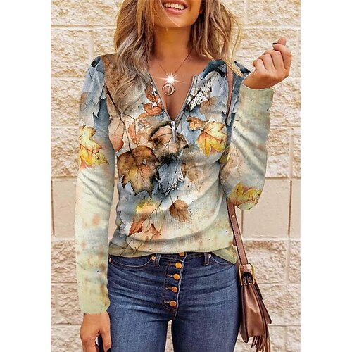 Women's T shirt Tee Yellow Leaf Quarter Zip Print Long Sleeve Holiday Weekend Basic V Neck Regular Floral Painting S
Women's T shirt Tee Yellow Leaf Quarter Zip Print Long Sleeve Holiday Weekend Basic V Neck Regular Floral Painting S