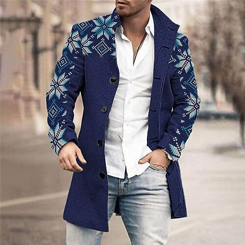 

Men's Coat With Pockets Christmas Vacation Going out Single Breasted Turndown Streetwear Casual Comfort Jacket Outerwear Snowflake Front Pocket Button-Down Print Green Blue Brown
