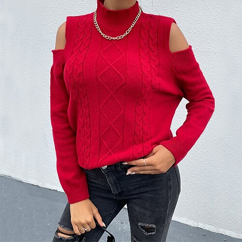 Women's Pullover Sweater jumper Jumper Cable Knit Knitted Cold Shoulder Pure Color Turtleneck Stylish Casual Outdoor Daily Winter Fall Red S M L / Long Sleeve / Holiday / Regular Fit / Going out
Women's Pullover Sweater jumper Jumper Cable Knit Knitted Cold Shoulder Pure Color Turtleneck Stylish Casual Outdoor Daily Winter Fall Red S M L / Long Sleeve / Holiday / Regular Fit / Going out