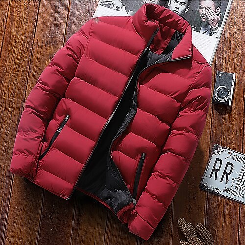 

Men's Puffer Jacket Winter Jacket Winter Coat Padded Solid Colored Outerwear Clothing Apparel Green Black Wine