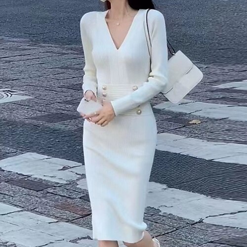 Women's Sweater Dress Winter Dress Sheath Dress Midi Dress White Black Long Sleeve Pure Color Button Knit Winter Fall V Neck Stylish Elegant 2022 One-Size Winter Dress
Women's Sweater Dress Winter Dress Sheath Dress Midi Dress White Black Long Sleeve Pure Color Button Knit Winter Fall V Neck Stylish Elegant 2022 One-Size Winter Dress