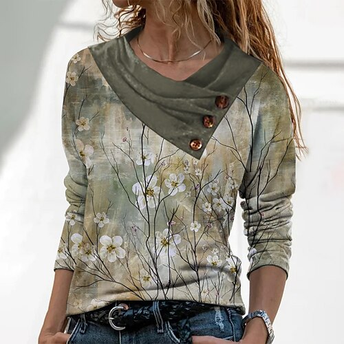 Women's T shirt Tee Green Floral Button Print Long Sleeve Casual Holiday Basic V Neck Regular Floral Painting S
Women's T shirt Tee Green Floral Button Print Long Sleeve Casual Holiday Basic V Neck Regular Floral Painting S