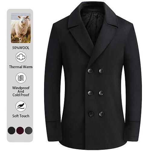 

Men's Winter Coat Wool Coat Peacoat Going out Casual Daily Fall & Winter Woolen Warm Outerwear Clothing Apparel Warm Ups Modern Contemporary Solid Color Pocket Turndown Double Breasted