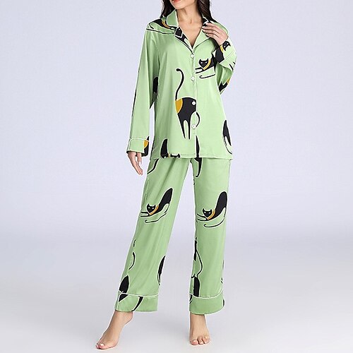 Women's Pajamas Nighty Animal Cat Fashion Comfort Soft Home Daily Bed Ice Silk Breathable Lapel Long Sleeve Shirt Pant Spring Fall Green White
Women's Pajamas Nighty Animal Cat Fashion Comfort Soft Home Daily Bed Ice Silk Breathable Lapel Long Sleeve Shirt Pant Spring Fall Green White