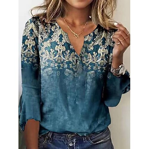 Women's Shirt Blue White Graphic Print 3/4 Length Sleeve Casual Streetwear V Neck Regular S
Women's Shirt Blue White Graphic Print 3/4 Length Sleeve Casual Streetwear V Neck Regular S