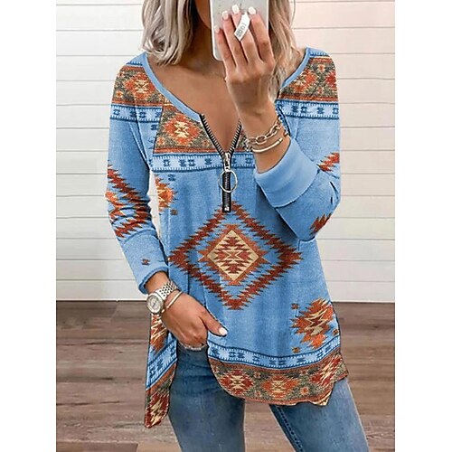 Women's Shirt Blue Geometric Quarter Zip Print Long Sleeve Casual Basic Ethnic V Neck Regular Geometric S
Women's Shirt Blue Geometric Quarter Zip Print Long Sleeve Casual Basic Ethnic V Neck Regular Geometric S
