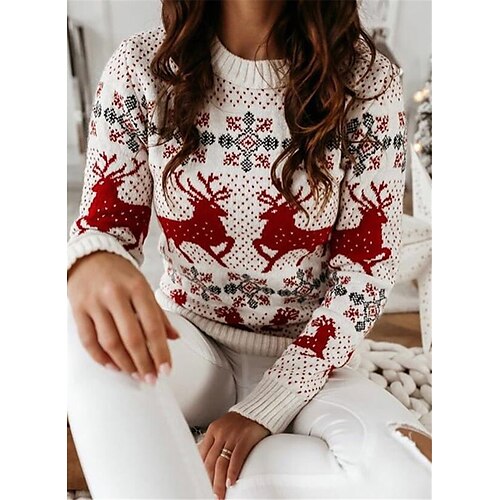 

Women's Ugly Christmas Sweater Pullover Sweater Jumper Ribbed Knit Knitted Elk Crew Neck Stylish Casual Outdoor Christmas Winter Fall Blue Red S M L / Long Sleeve / Weekend / Holiday / Regular Fit