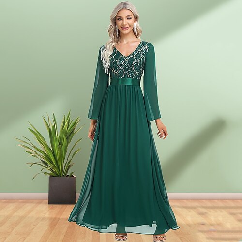 A-Line Evening Gown Elegant Dress Party Wear Floor Length Long Sleeve V Neck Chiffon with Sequin 2022
A-Line Evening Gown Elegant Dress Party Wear Floor Length Long Sleeve V Neck Chiffon with Sequin 2022