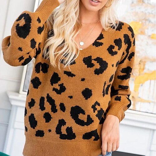 Women's Pullover Sweater jumper Jumper Ribbed Knit Knitted Leopard V Neck Stylish Casual Outdoor Daily Winter Fall Brown M L XL / Long Sleeve / Holiday / Regular Fit / Going out
Women's Pullover Sweater jumper Jumper Ribbed Knit Knitted Leopard V Neck Stylish Casual Outdoor Daily Winter Fall Brown M L XL / Long Sleeve / Holiday / Regular Fit / Going out