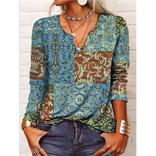 Women's T shirt Tee Green Blue Red Geometric Color Block Patchwork Print Long Sleeve Casual Daily Ethnic V Neck Regular S
Women's T shirt Tee Green Blue Red Geometric Color Block Patchwork Print Long Sleeve Casual Daily Ethnic V Neck Regular S