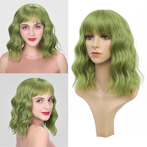 

Wigs for Women - Grass Green Wig with Bangs for Women Short Wavy Bob Wig Colorful Medium Length Wig Pastel Colored Cosplay Wig Synthetic Costume Wigs Christmas Party Wigs