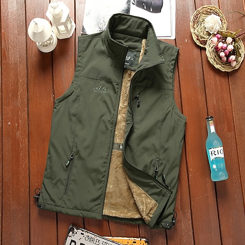 

Men's Vest Fleece Vest Warm Breathable Soft Daily Wear Going out Festival Zipper Standing Collar Basic Business Casual Jacket Outerwear Solid Colored Pocket khaki Dark Blue Army Green