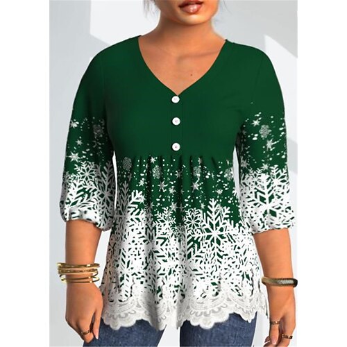 Women's Plus Size Christmas Tops T shirt Tee Snowflake Button Print 3/4 Length Sleeve V Neck Casual Festival Daily Polyester Winter Fall Green Blue
Women's Plus Size Christmas Tops T shirt Tee Snowflake Button Print 3/4 Length Sleeve V Neck Casual Festival Daily Polyester Winter Fall Green Blue