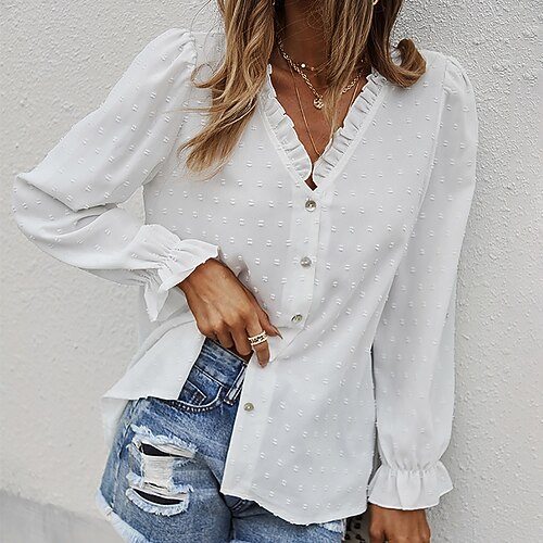 Women's Blouse Shirt Black Blue Brick red Plain Ruffle Button Long Sleeve Casual Basic V Neck Regular S
Women's Blouse Shirt Black Blue Brick red Plain Ruffle Button Long Sleeve Casual Basic V Neck Regular S