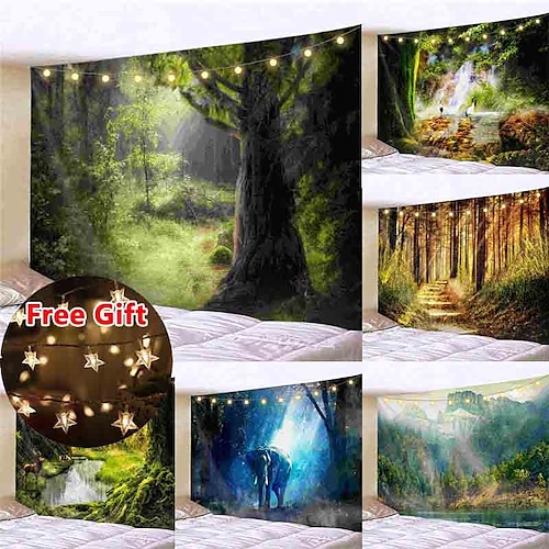 

Landscape Forest Waterfall Wall Tapestry Art Decor Blanket Curtain Picnic Tablecloth Hanging Home Bedroom Living Room Dorm Decoration Gift Polyester (with LED String Lights)