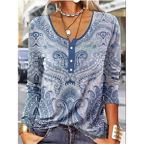 Women's T shirt Tee Blue Flower Patchwork Button Long Sleeve Casual Daily Vintage Ethnic Round Neck Regular S
Women's T shirt Tee Blue Flower Patchwork Button Long Sleeve Casual Daily Vintage Ethnic Round Neck Regular S