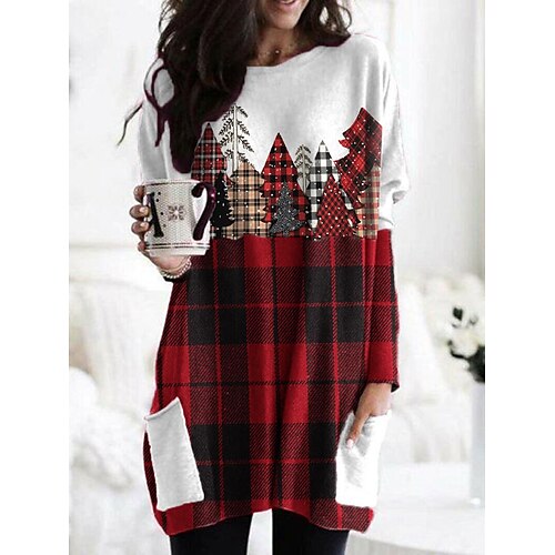 Women's T shirt Tee Wine Red Plaid Christmas Tree Pocket Print Long Sleeve Christmas Weekend Basic Round Neck Long Painting S
Women's T shirt Tee Wine Red Plaid Christmas Tree Pocket Print Long Sleeve Christmas Weekend Basic Round Neck Long Painting S