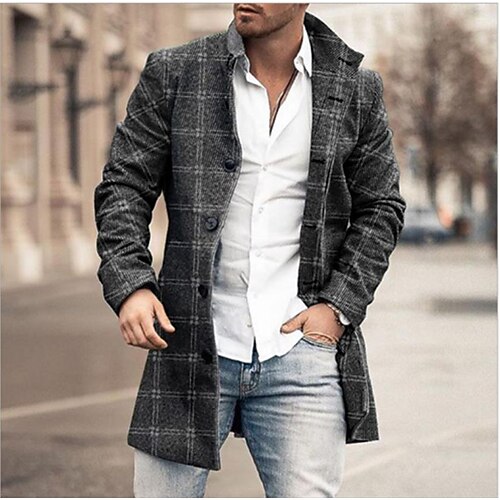 

Men's Overcoat Winter Coat Coat Business Casual Fall Winter Polyester Thermal Warm Outerwear Clothing Apparel Sporty Plaid / Check Quilted Turndown Single Breasted / Daily / Long Sleeve / Long