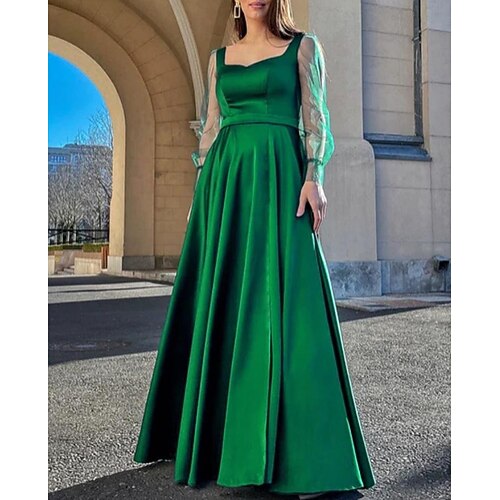 A-Line Prom Dresses See Through Dress Formal Floor Length Long Sleeve Square Neck Satin with Slit 2022
A-Line Prom Dresses See Through Dress Formal Floor Length Long Sleeve Square Neck Satin with Slit 2022