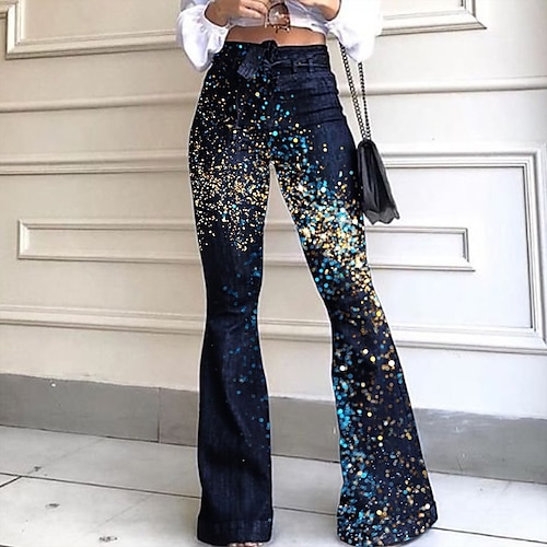 

Women's Flared Pants Bell Bottom Pants Trousers Black Red Gold Sparkle Casual Daily Sparkle & Shine Christmas Street Weekend Wide Leg Print Micro-elastic Full Length Comfort Floral S M L XL XXL