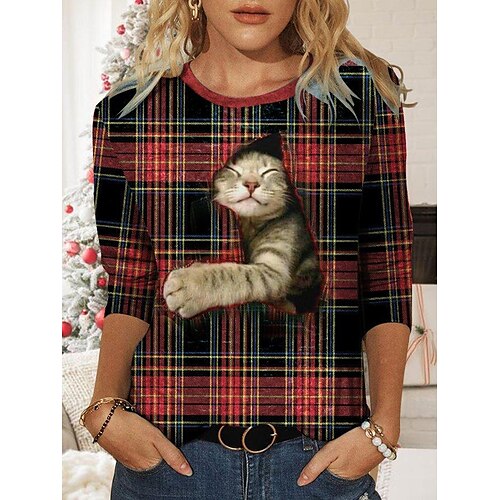 Women's T shirt Tee Red Black Plaid Cat Print Long Sleeve Casual Holiday Basic Round Neck Regular S
Women's T shirt Tee Red Black Plaid Cat Print Long Sleeve Casual Holiday Basic Round Neck Regular S