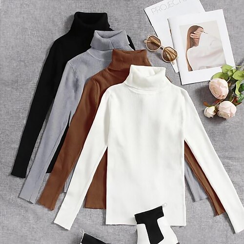 

Women's Pullover Sweater Jumper Turtleneck Ribbed Knit Spandex Knitted Thin Fall Winter Daily Basic Casual Long Sleeve Solid Color caramel Black White One-Size 2XL / 3XL S / M
