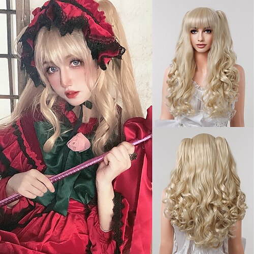 

Cosplay Costume Wig Synthetic Wig Wavy Deep Wave With 2 Ponytails Neat Bang With Ponytail Wig 24 inch Light Blonde Synthetic Hair 24 inch Women's Anime Cute Cosplay Blonde