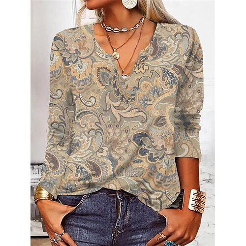 Women's T shirt Tee Khaki Floral Long Sleeve Home Casual Basic Ethnic V Neck Regular S
Women's T shirt Tee Khaki Floral Long Sleeve Home Casual Basic Ethnic V Neck Regular S
