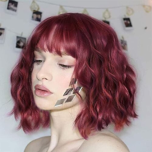 

Synthetic Curly Bob Wig with Bangs Short Bob Wavy Hair Wig Wine Red Color Shoulder Length Wigs for Women Bob Style Synthetic Heat Resistant Wig ChristmasPartyWigs
