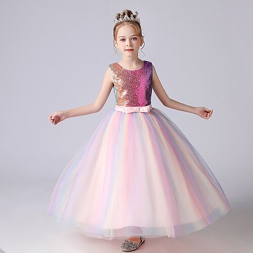 

Christmas Birthday Princess Flower Girl Dresses Jewel Neck Floor Length Polyester / Cotton with Sash / Ribbon Paillette Rainbow Tutu Cute Girls' Party Dress Fit 3-16 Years