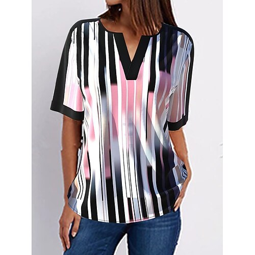 Women's Blouse Shirt Blue Pink Striped Print Short Sleeve Daily Weekend Streetwear Casual V Neck Regular S / 3D Print 
Women's Blouse Shirt Blue Pink Striped Print Short Sleeve Daily Weekend Streetwear Casual V Neck Regular S / 3D Print
