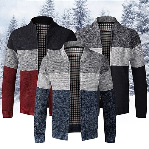 

Men's Cardigan Sweater Fleece Sweater Ribbed Knit Zipper Knitted Color Block Standing Collar Warm Ups Modern Contemporary Daily Wear Going out Clothing Apparel Fall & Winter Burgundy Blue M L XL