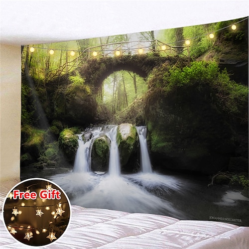 

Landscape Forest Wall Tapestry River Waterfall Art Decor Blanket Curtain Picnic Tablecloth Hanging Home Bedroom Living Room Dorm Decoration Gift Polyester (with LED String Lights)