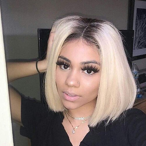 

Synthetic Wig Natural Straight Neat Bang Wig 12 inch Black / Gold Synthetic Hair 12 inch Women's Color Gradient Highlighted / Balayage Hair Comfy Black Blonde Mixed Color