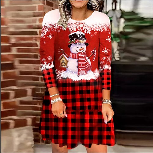 

Women's Christmas Tartan Dress Casual Dress Shift Dress Mini Dress Red Long Sleeve Plaid Ruffle Winter Fall Autumn Crew Neck 2022 S M L XL XXL 3XL 4XL 5XL