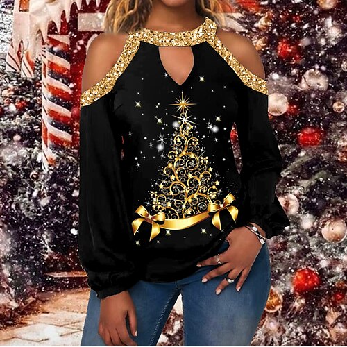 Women's Shirt Black Christmas Tree Cut Out Print Long Sleeve Christmas Weekend Streetwear Casual Round Neck Regular S
Women's Shirt Black Christmas Tree Cut Out Print Long Sleeve Christmas Weekend Streetwear Casual Round Neck Regular S
