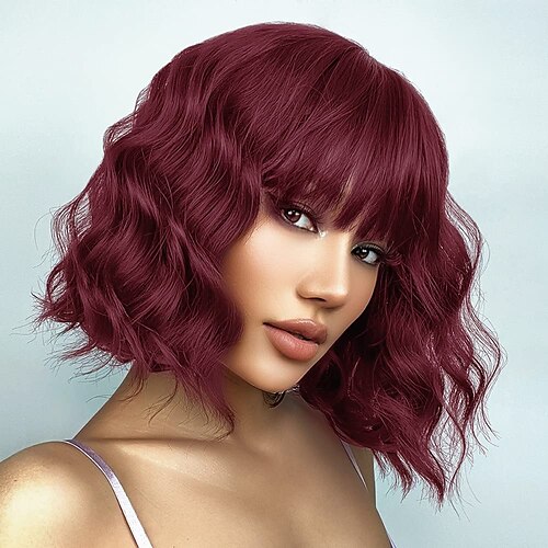 

Red Short Curly Bob Wig with Bangs Burgundy Wine Red Synthetic Wave Bob Wigs Natural Looking Heat Resistant Fiber Hair Wigs for Women ChristmasPartyWigs